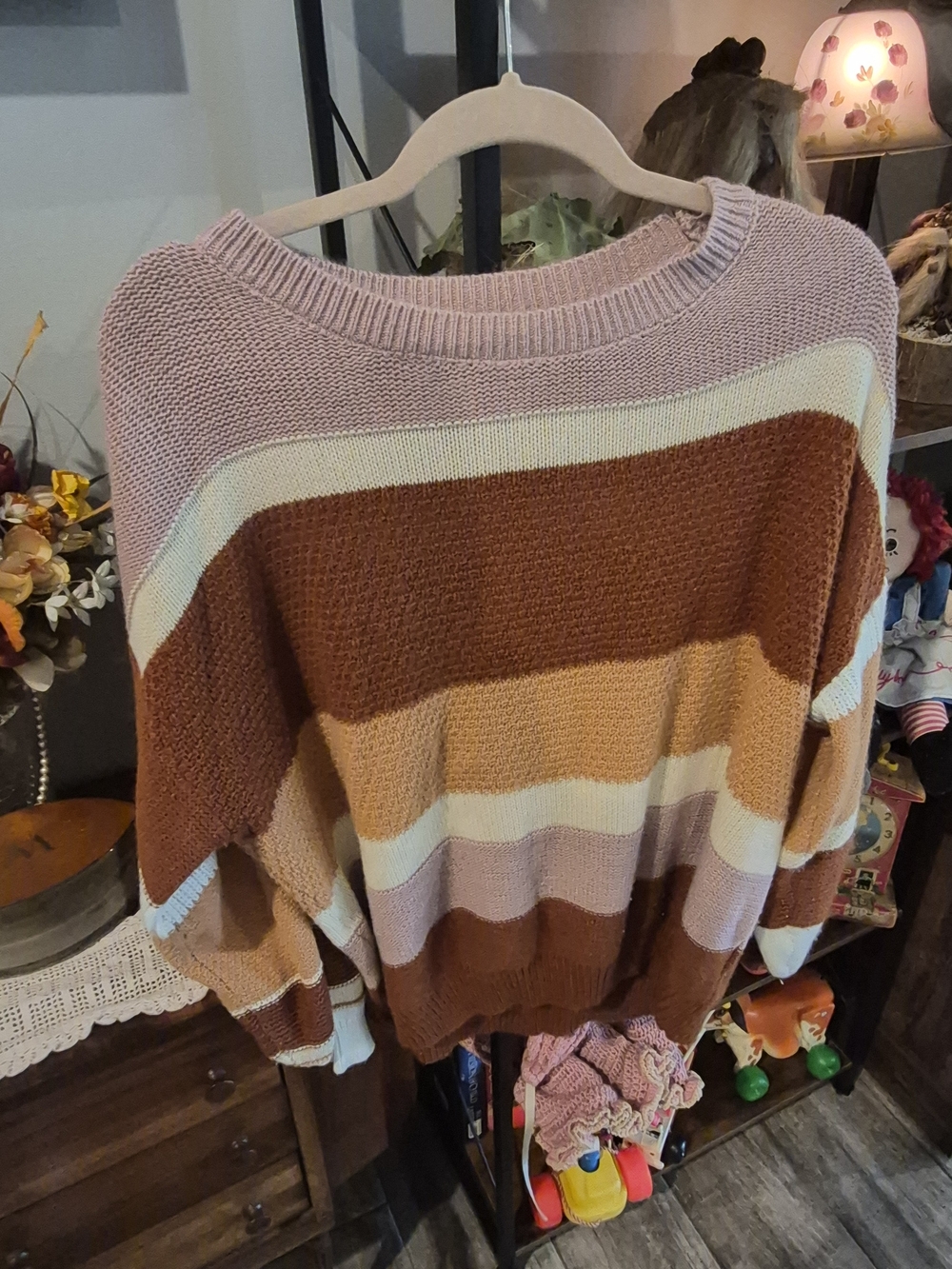 Striped Crewneck Sweater in Mauve, Rust & Cream